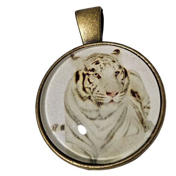 White Tiger Pendant Necklace Charm Glass Dome Antique Bronze Finish DIY Jewelry - Picture 1 of 4